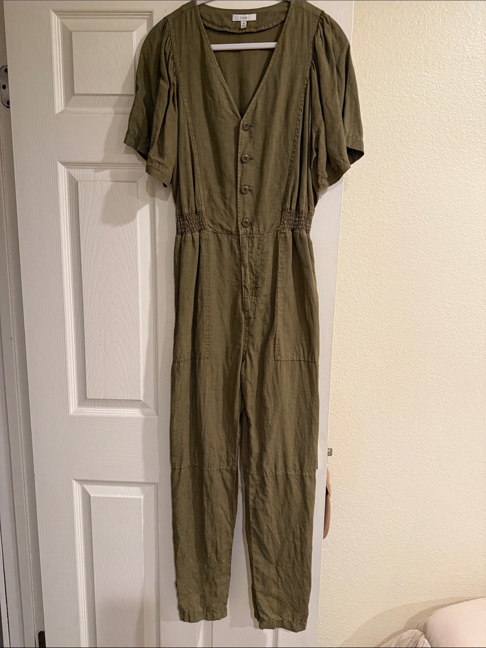 Joie Olive Green Short-Sleeve Button Front One-Piece